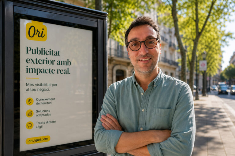 Oriol Guri al costat d'un suport publicitari al carrer